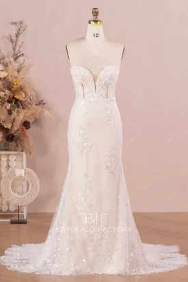 Designer Sequined Lace Strapless Champagne Mermaid Wedding Dress