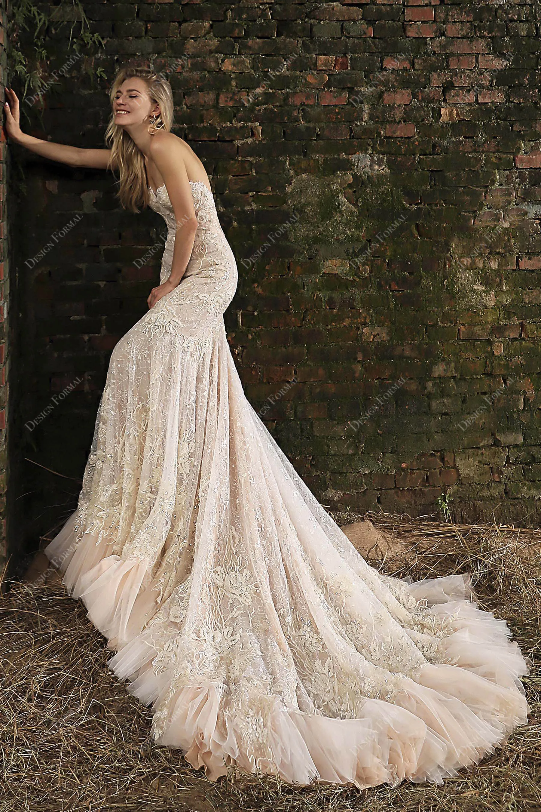 Designer Shimmery Lace Strapless Corset Mermaid Wedding Dress