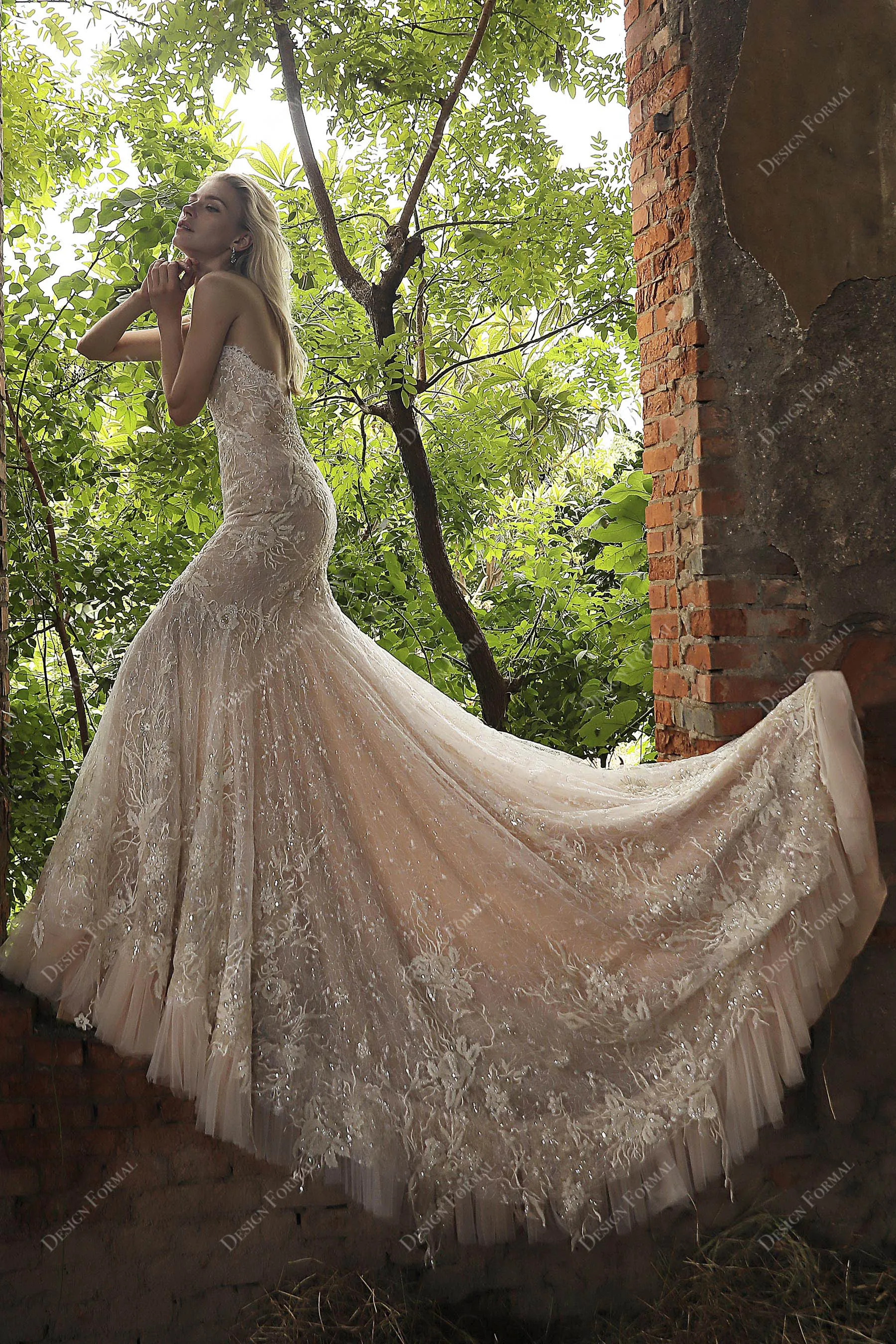 Designer Shimmery Lace Strapless Corset Mermaid Wedding Dress