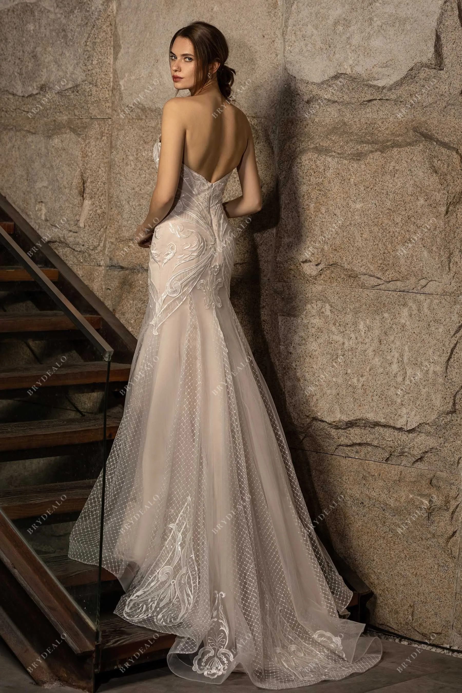 Designer Sweetheart Strapless Lace Nude Mermaid Wedding Dress