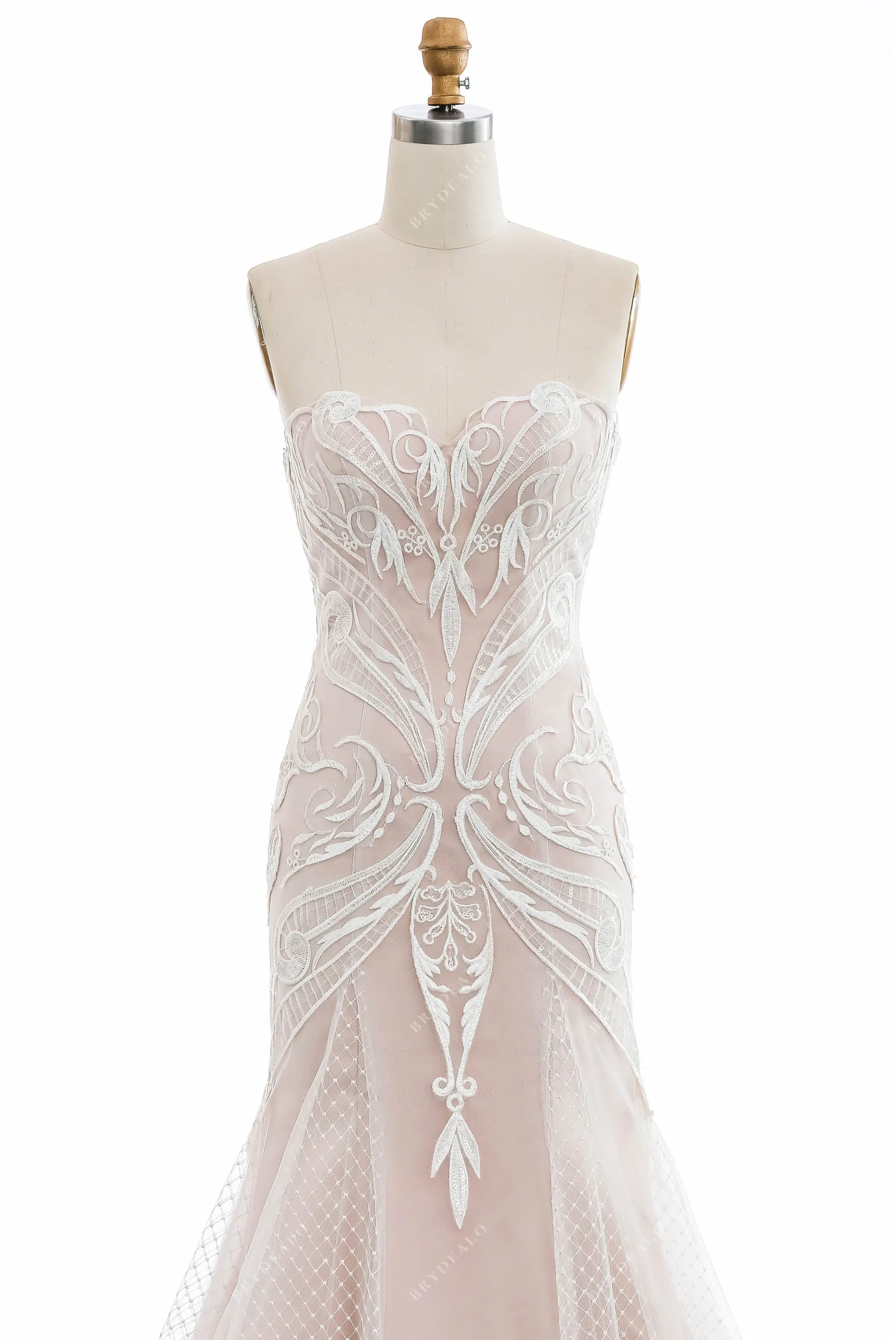 Designer Sweetheart Strapless Lace Nude Mermaid Wedding Dress