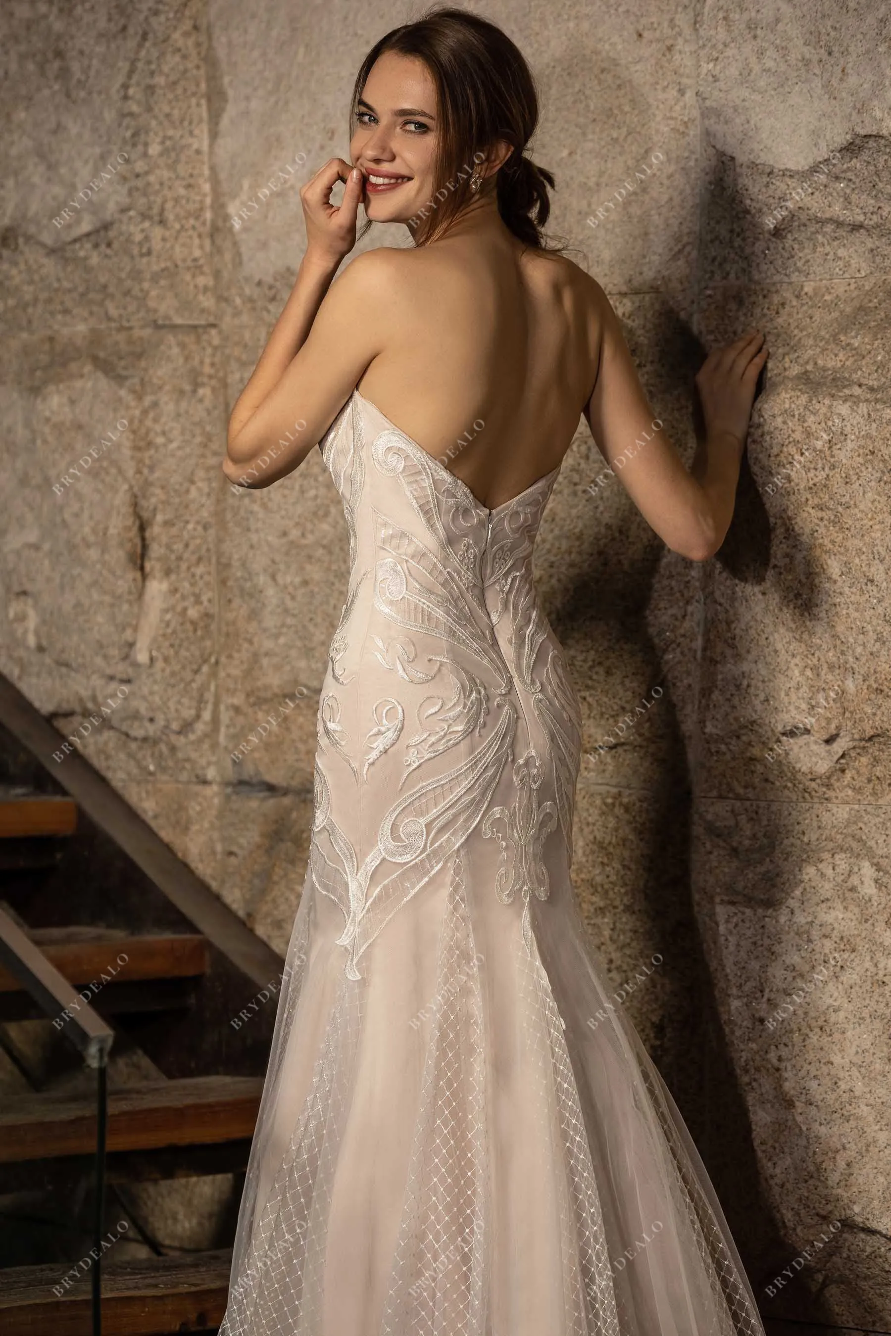 Designer Sweetheart Strapless Lace Nude Mermaid Wedding Dress