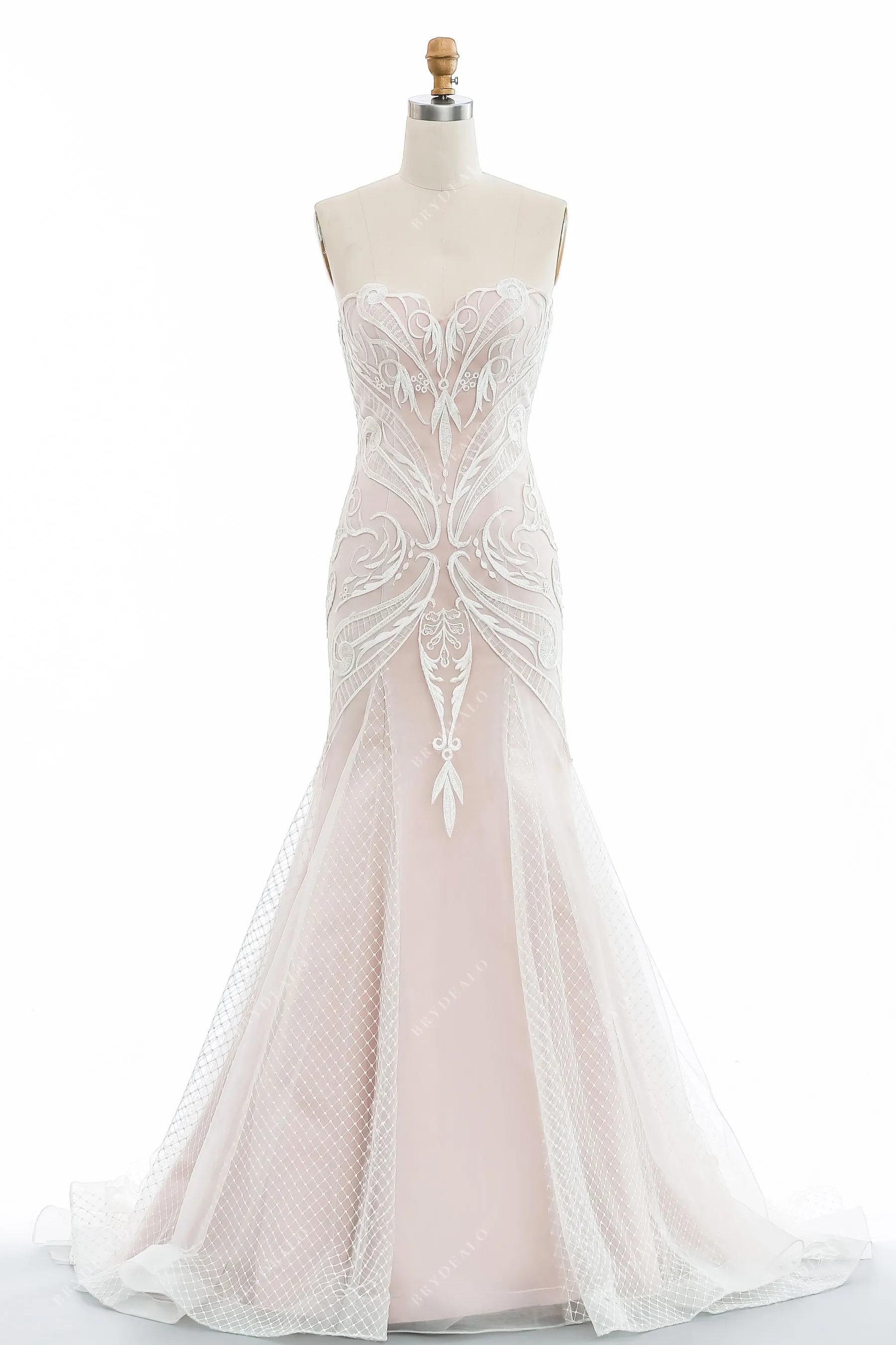 Designer Sweetheart Strapless Lace Nude Mermaid Wedding Dress