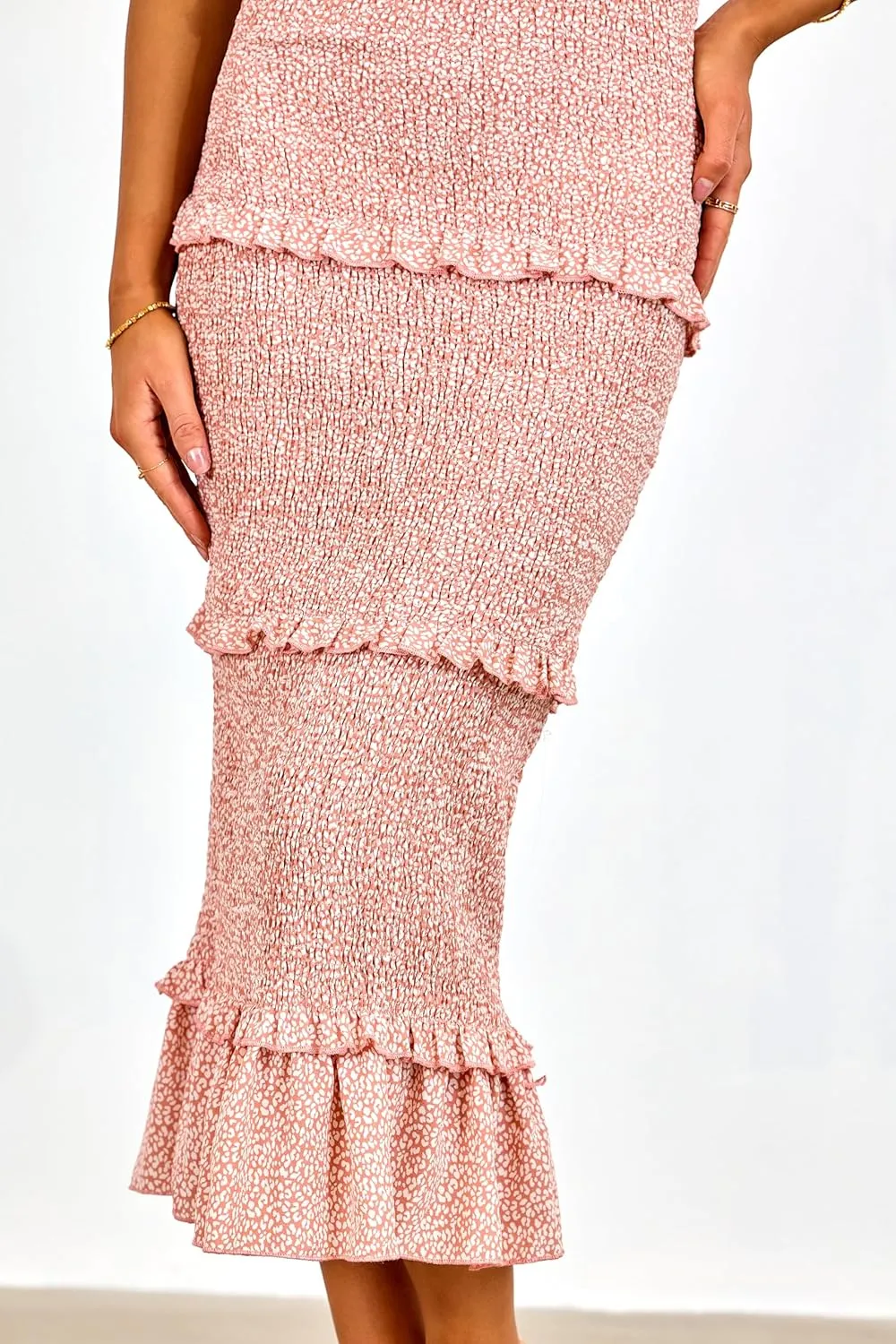 dowerme Women Summer Casual Floral Midi Smocked Bodycon Dresses Spaghetti Strap Square Neck Ruffle Mermaid Prom Dress