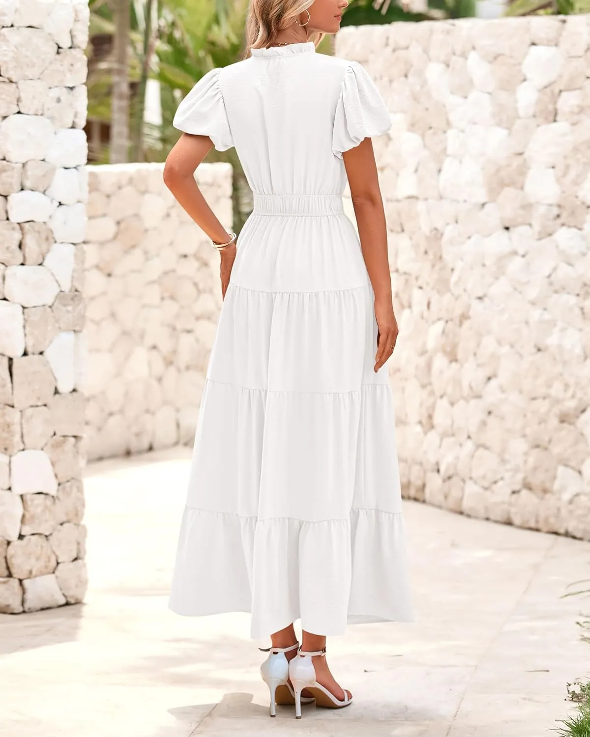 dowerme Womens Summer Dresses 2025 Casual Puff Sleeve V Neck Smocked Waist A-Line Tiered Maxi Prom Dress with Pockets