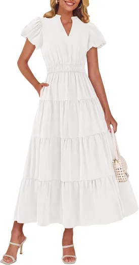dowerme Womens Summer Dresses 2025 Casual Puff Sleeve V Neck Smocked Waist A-Line Tiered Maxi Prom Dress with Pockets