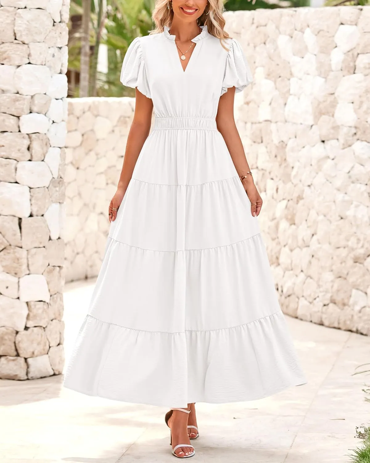 dowerme Womens Summer Dresses 2025 Casual Puff Sleeve V Neck Smocked Waist A-Line Tiered Maxi Prom Dress with Pockets