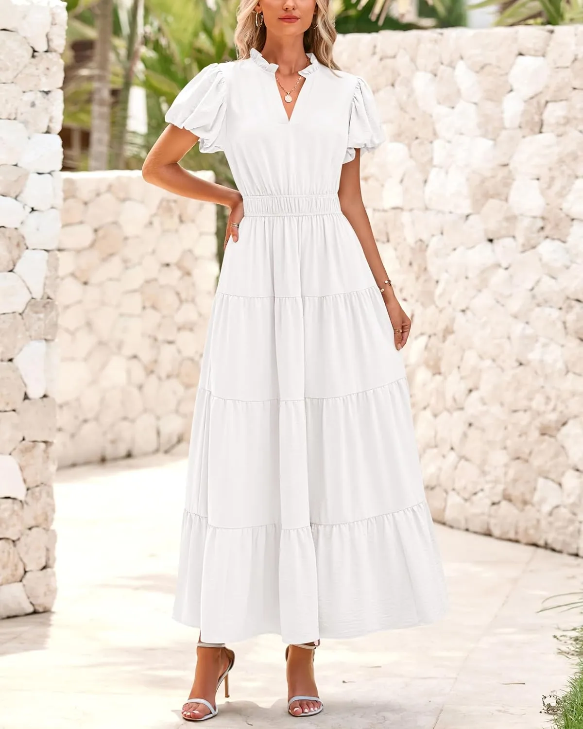dowerme Womens Summer Dresses 2025 Casual Puff Sleeve V Neck Smocked Waist A-Line Tiered Maxi Prom Dress with Pockets