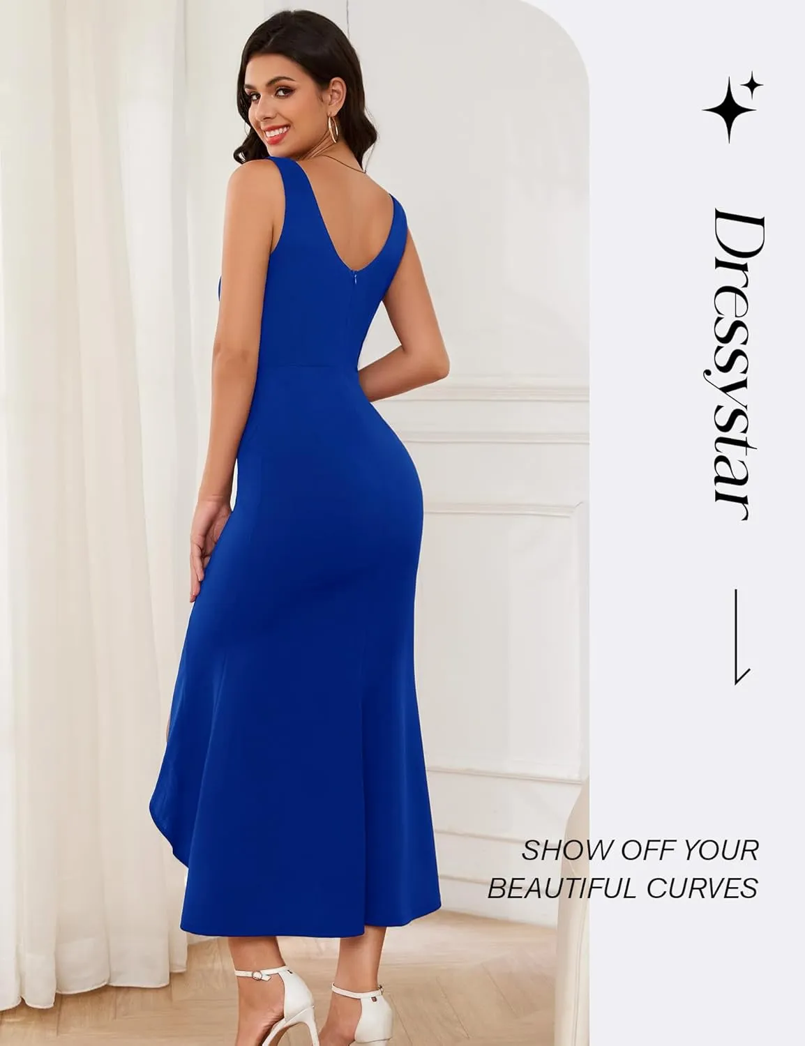 Dressystar Women’s Square Neck Midi Bodycon Dress 2025 Summer Sleeveless Slit Ruffle Formal Wedding Guest Dresses