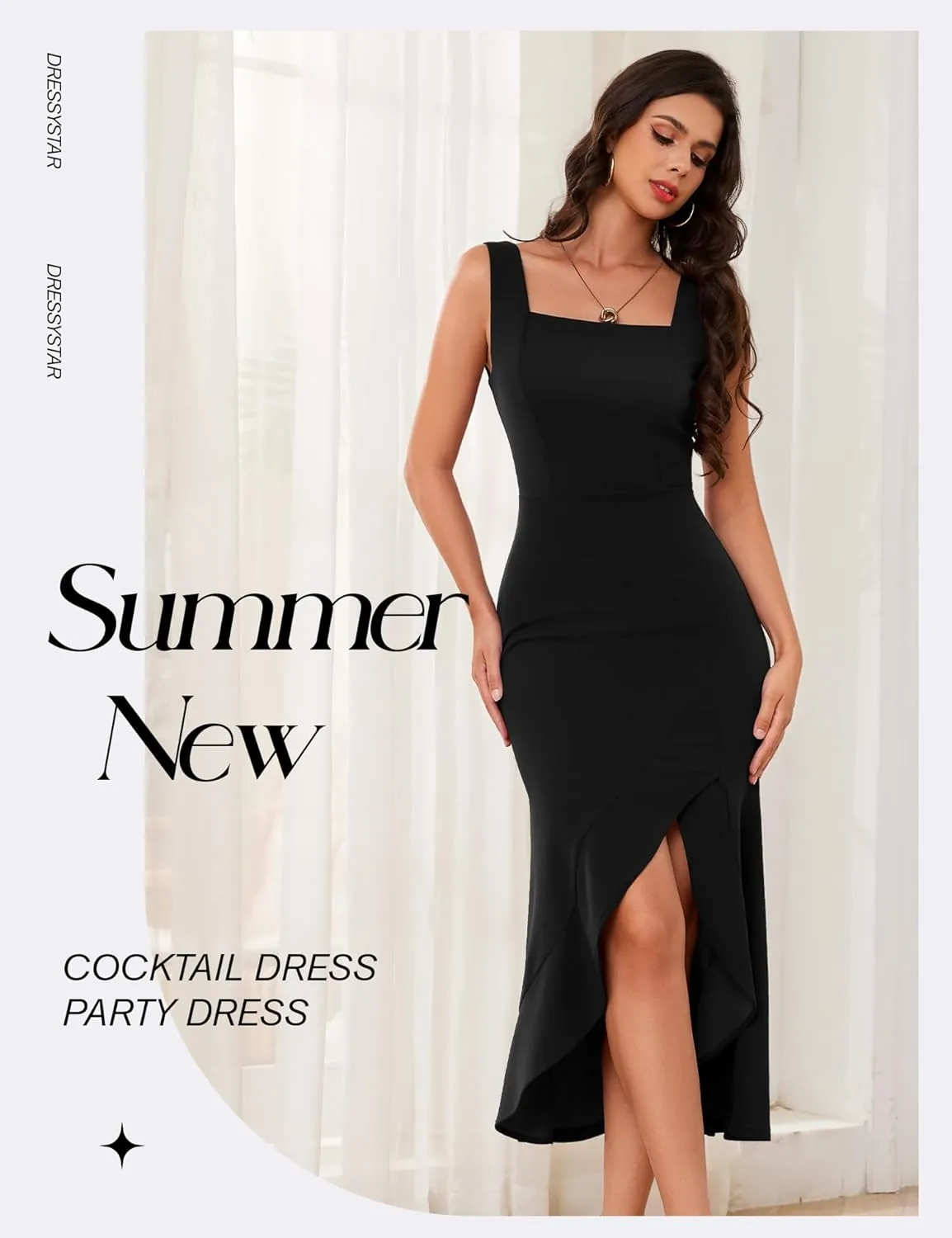 Dressystar Women’s Square Neck Midi Bodycon Dress 2025 Summer Sleeveless Slit Ruffle Formal Wedding Guest Dresses