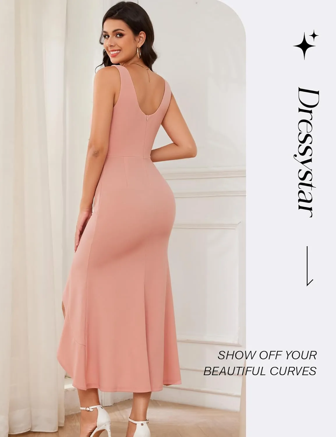 Dressystar Women’s Square Neck Midi Bodycon Dress 2025 Summer Sleeveless Slit Ruffle Formal Wedding Guest Dresses
