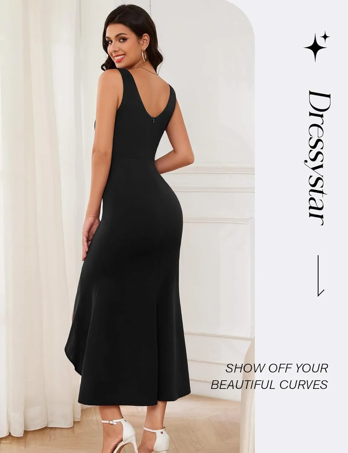 Dressystar Women’s Square Neck Midi Bodycon Dress 2025 Summer Sleeveless Slit Ruffle Formal Wedding Guest Dresses