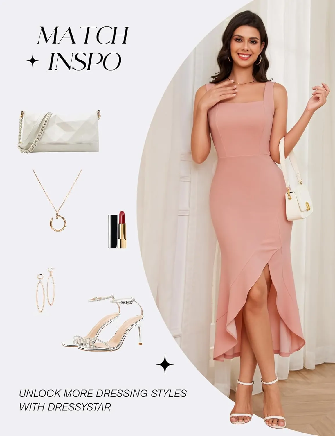 Dressystar Women’s Square Neck Midi Bodycon Dress 2025 Summer Sleeveless Slit Ruffle Formal Wedding Guest Dresses