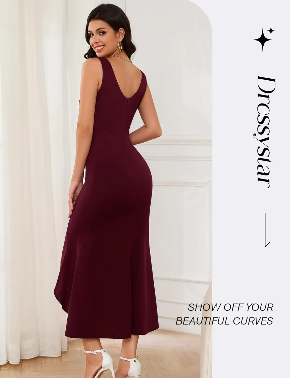 Dressystar Women’s Square Neck Midi Bodycon Dress 2025 Summer Sleeveless Slit Ruffle Formal Wedding Guest Dresses