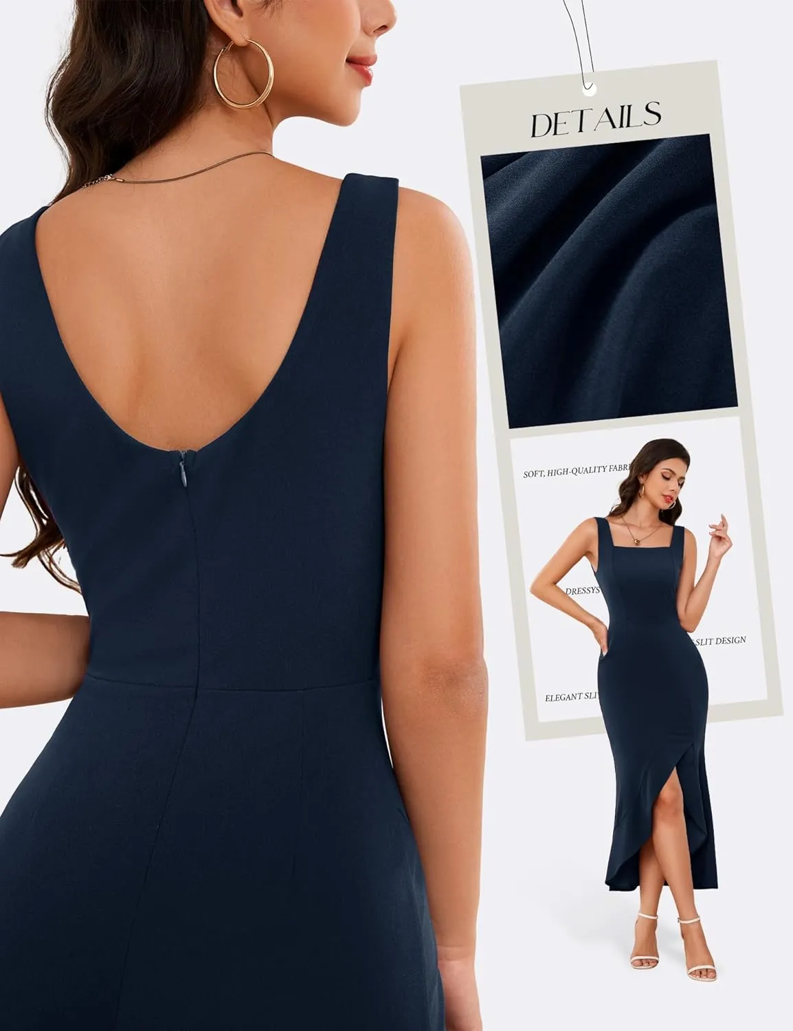Dressystar Women’s Square Neck Midi Bodycon Dress 2025 Summer Sleeveless Slit Ruffle Formal Wedding Guest Dresses