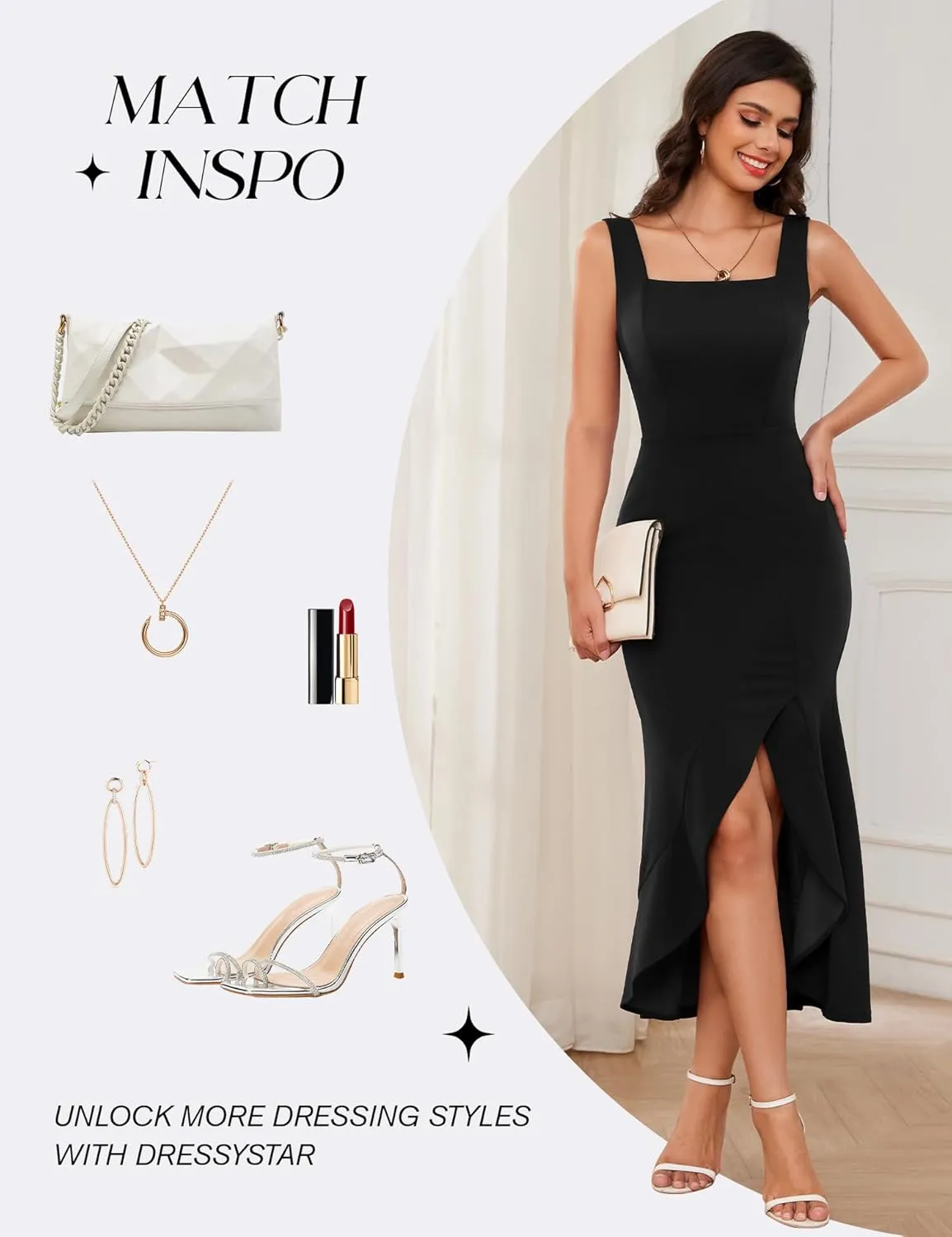 Dressystar Women’s Square Neck Midi Bodycon Dress 2025 Summer Sleeveless Slit Ruffle Formal Wedding Guest Dresses