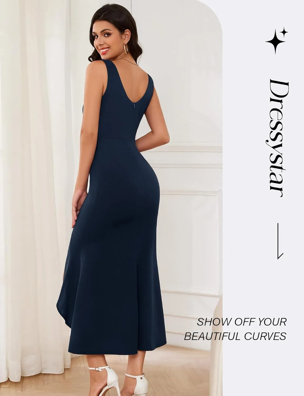 Dressystar Women’s Square Neck Midi Bodycon Dress 2025 Summer Sleeveless Slit Ruffle Formal Wedding Guest Dresses