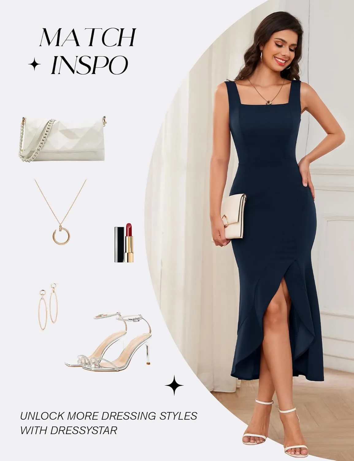 Dressystar Women’s Square Neck Midi Bodycon Dress 2025 Summer Sleeveless Slit Ruffle Formal Wedding Guest Dresses