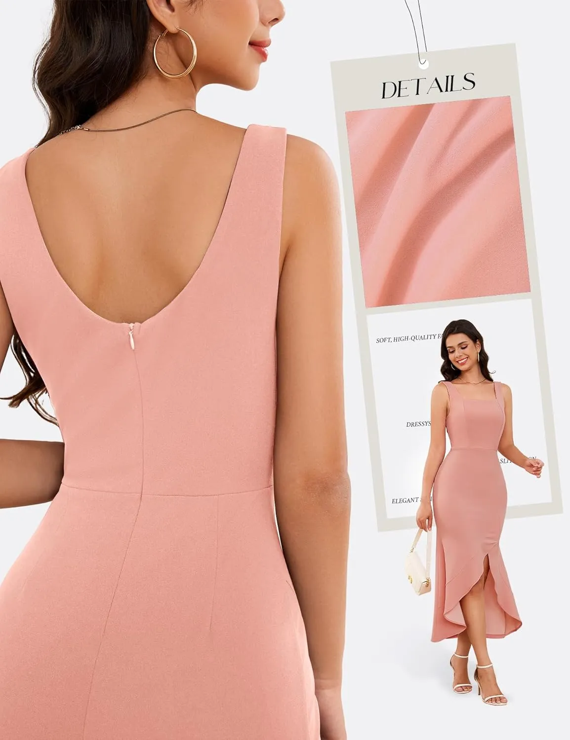 Dressystar Women’s Square Neck Midi Bodycon Dress 2025 Summer Sleeveless Slit Ruffle Formal Wedding Guest Dresses