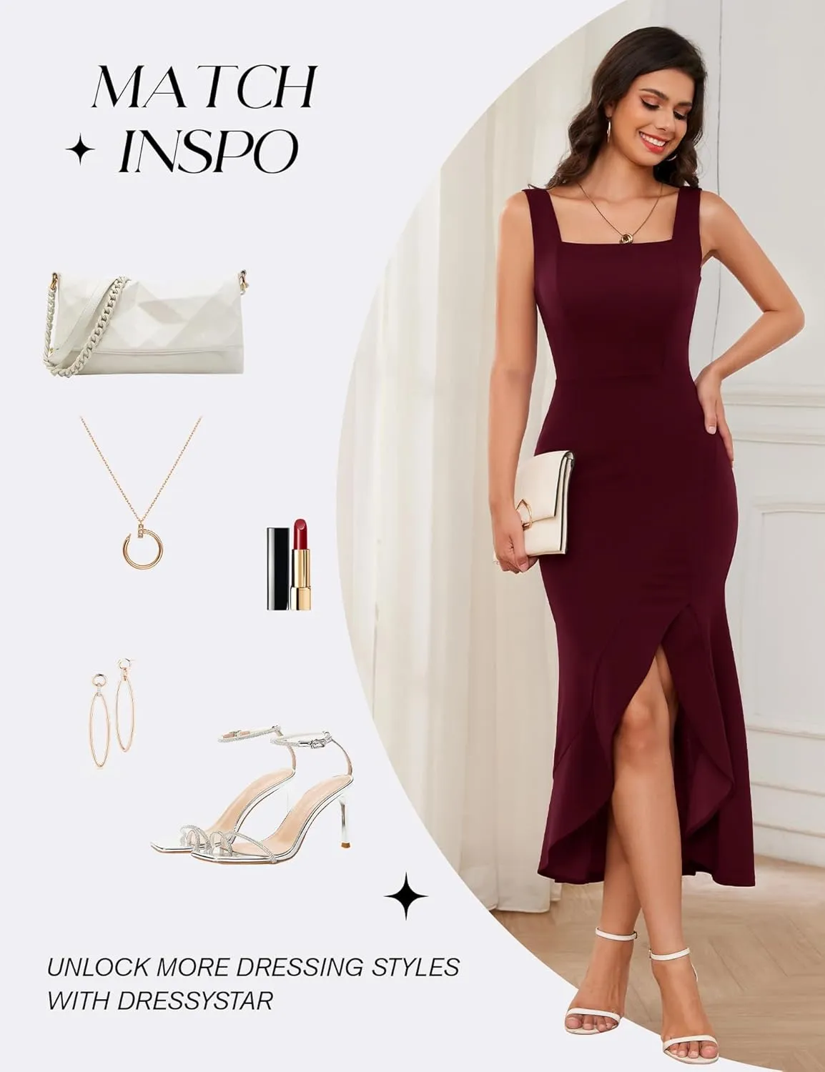 Dressystar Women’s Square Neck Midi Bodycon Dress 2025 Summer Sleeveless Slit Ruffle Formal Wedding Guest Dresses