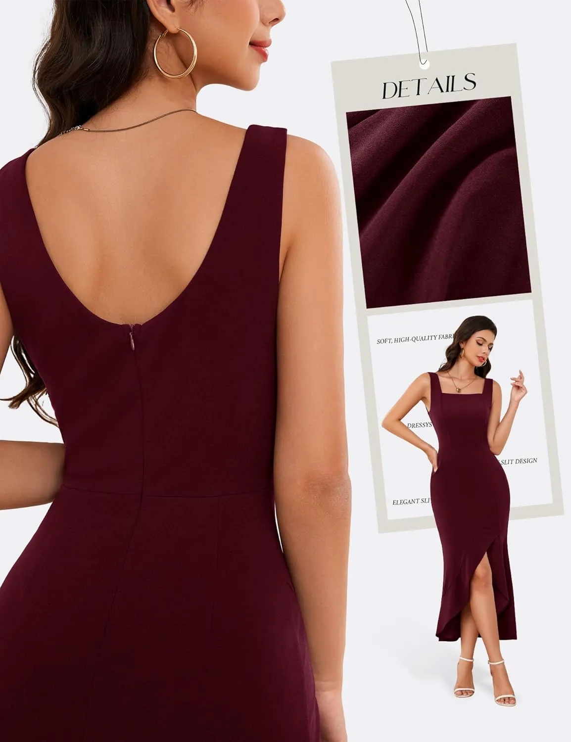 Dressystar Women’s Square Neck Midi Bodycon Dress 2025 Summer Sleeveless Slit Ruffle Formal Wedding Guest Dresses