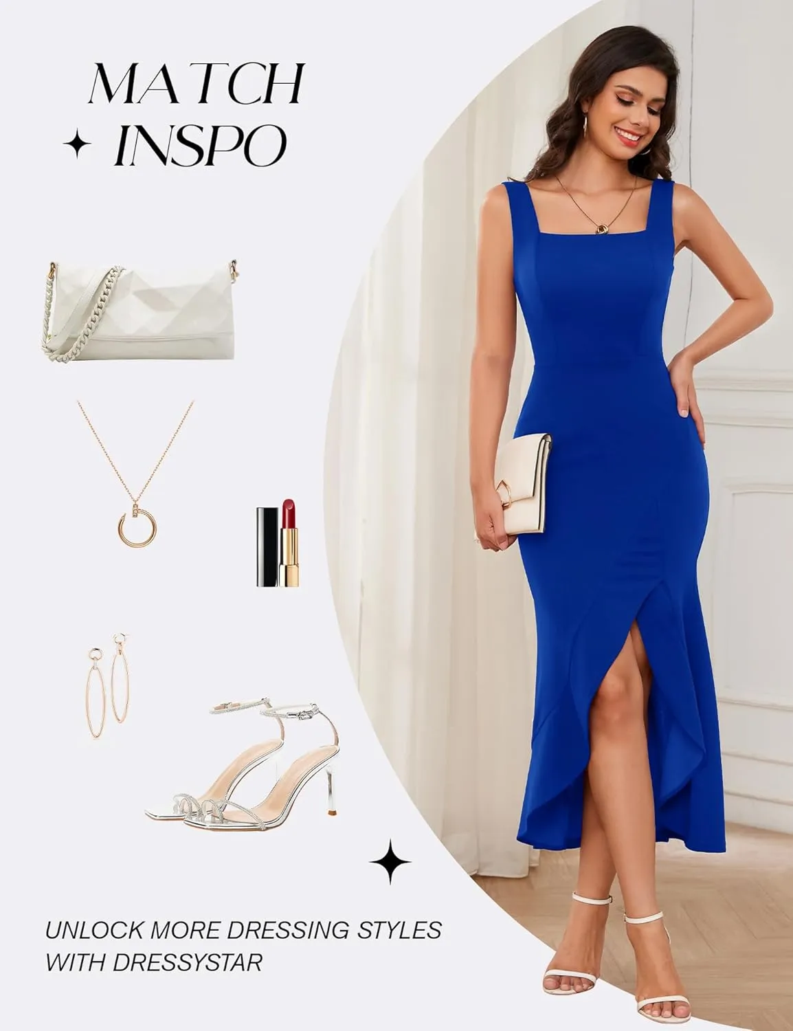 Dressystar Women’s Square Neck Midi Bodycon Dress 2025 Summer Sleeveless Slit Ruffle Formal Wedding Guest Dresses