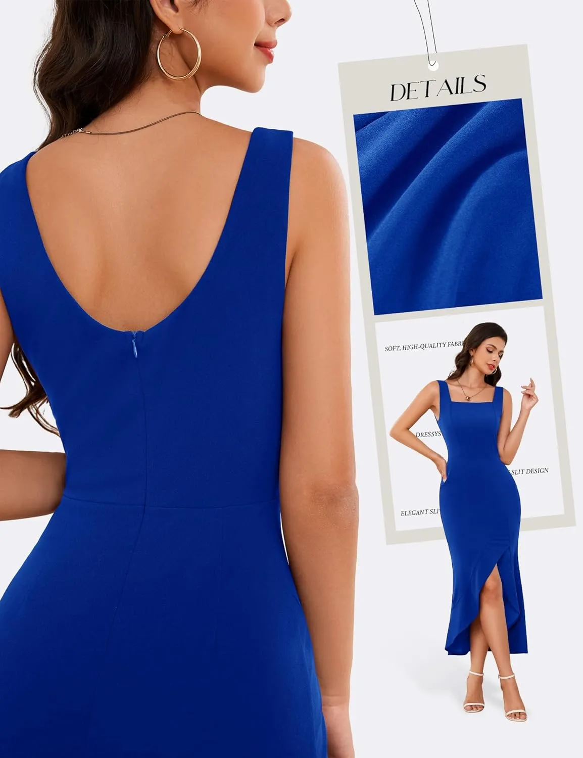 Dressystar Women’s Square Neck Midi Bodycon Dress 2025 Summer Sleeveless Slit Ruffle Formal Wedding Guest Dresses
