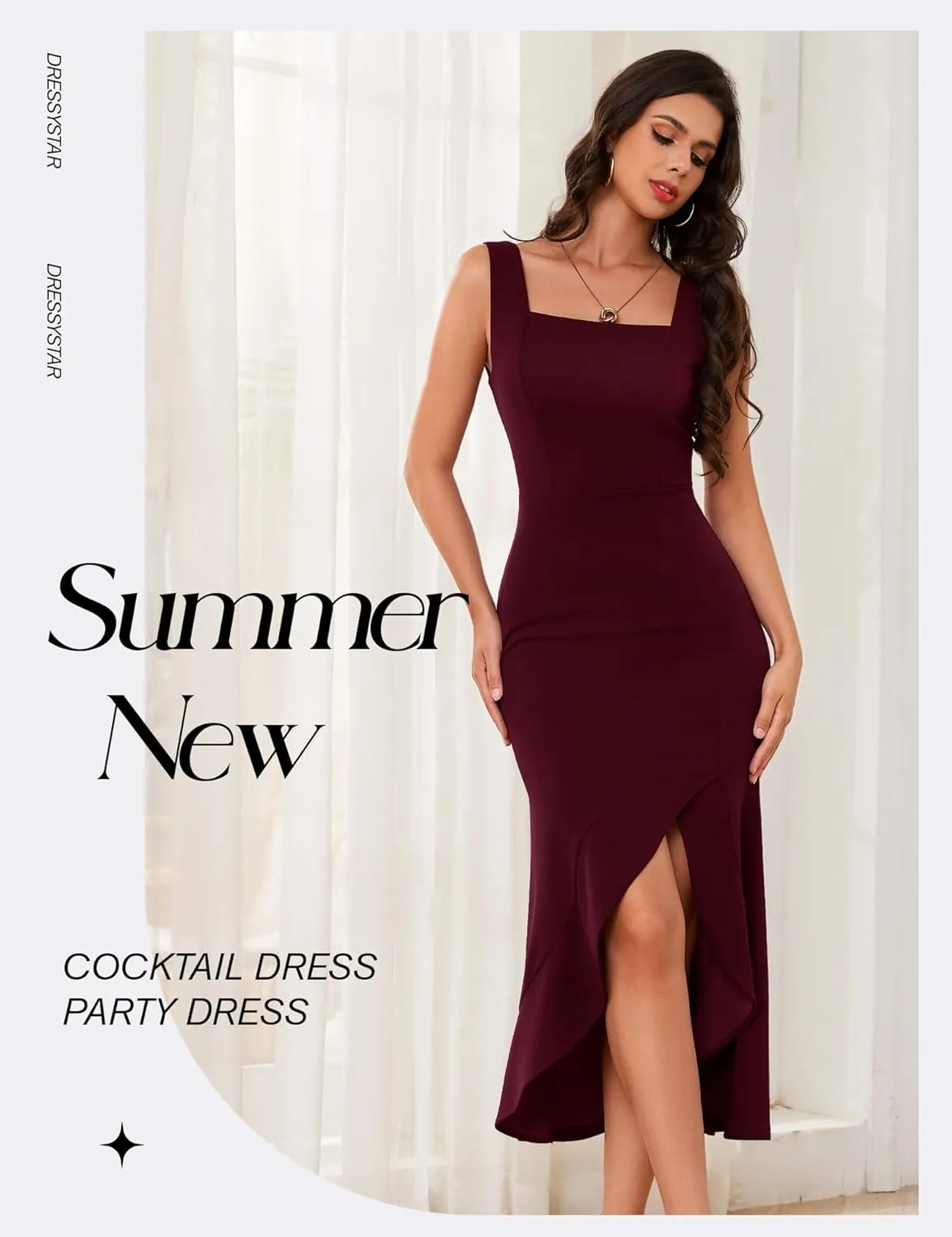 Dressystar Women’s Square Neck Midi Bodycon Dress 2025 Summer Sleeveless Slit Ruffle Formal Wedding Guest Dresses