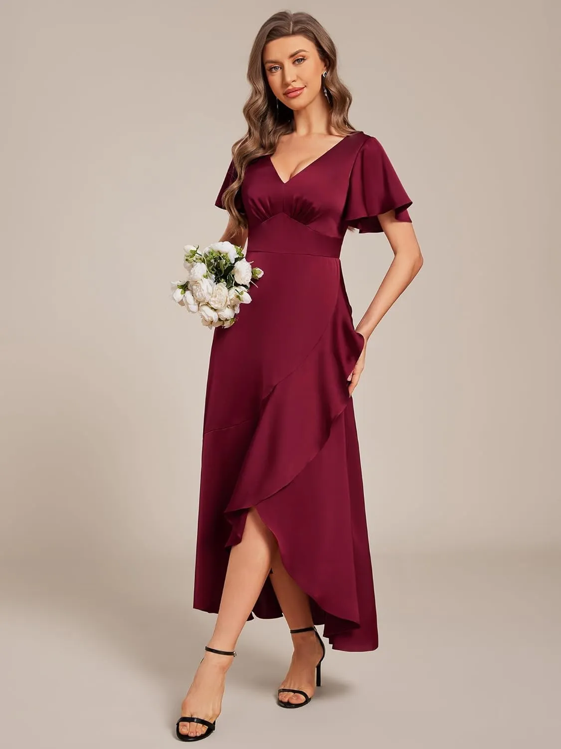Ever-Pretty Women's V Neck Satin Short Sleeves Ruffle Hi-Lo Midi Bridesmaid Dress 02336