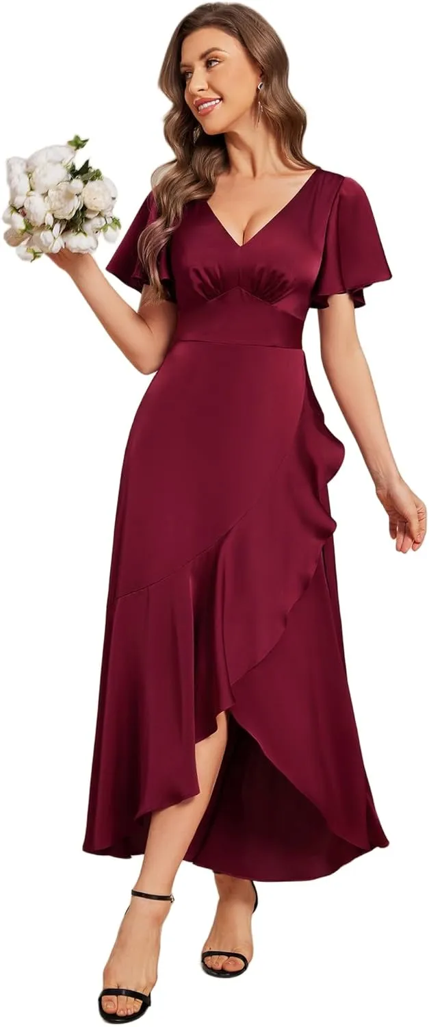 Ever-Pretty Women's V Neck Satin Short Sleeves Ruffle Hi-Lo Midi Bridesmaid Dress 02336