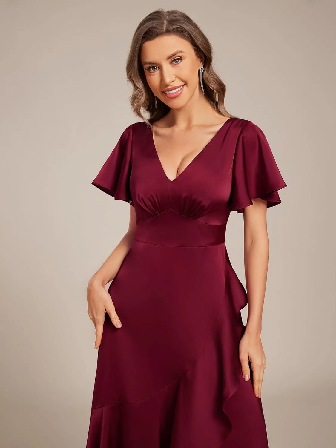 Ever-Pretty Women's V Neck Satin Short Sleeves Ruffle Hi-Lo Midi Bridesmaid Dress 02336