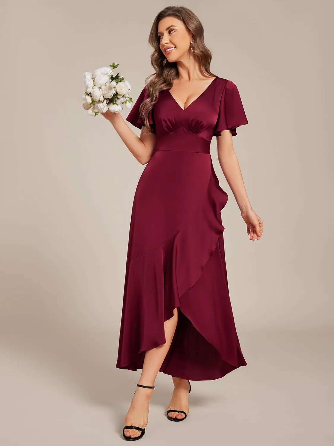 Ever-Pretty Women's V Neck Satin Short Sleeves Ruffle Hi-Lo Midi Bridesmaid Dress 02336
