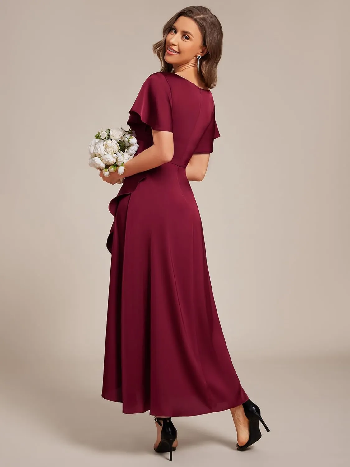 Ever-Pretty Women's V Neck Satin Short Sleeves Ruffle Hi-Lo Midi Bridesmaid Dress 02336