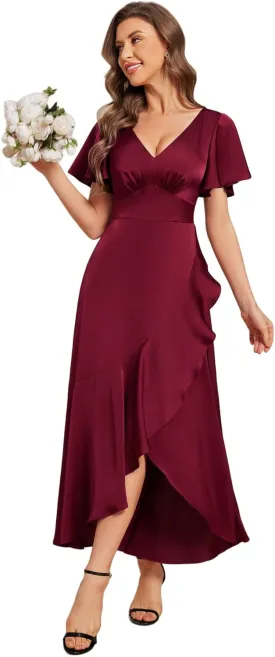 Ever-Pretty Women's V Neck Satin Short Sleeves Ruffle Hi-Lo Midi Bridesmaid Dress 02336