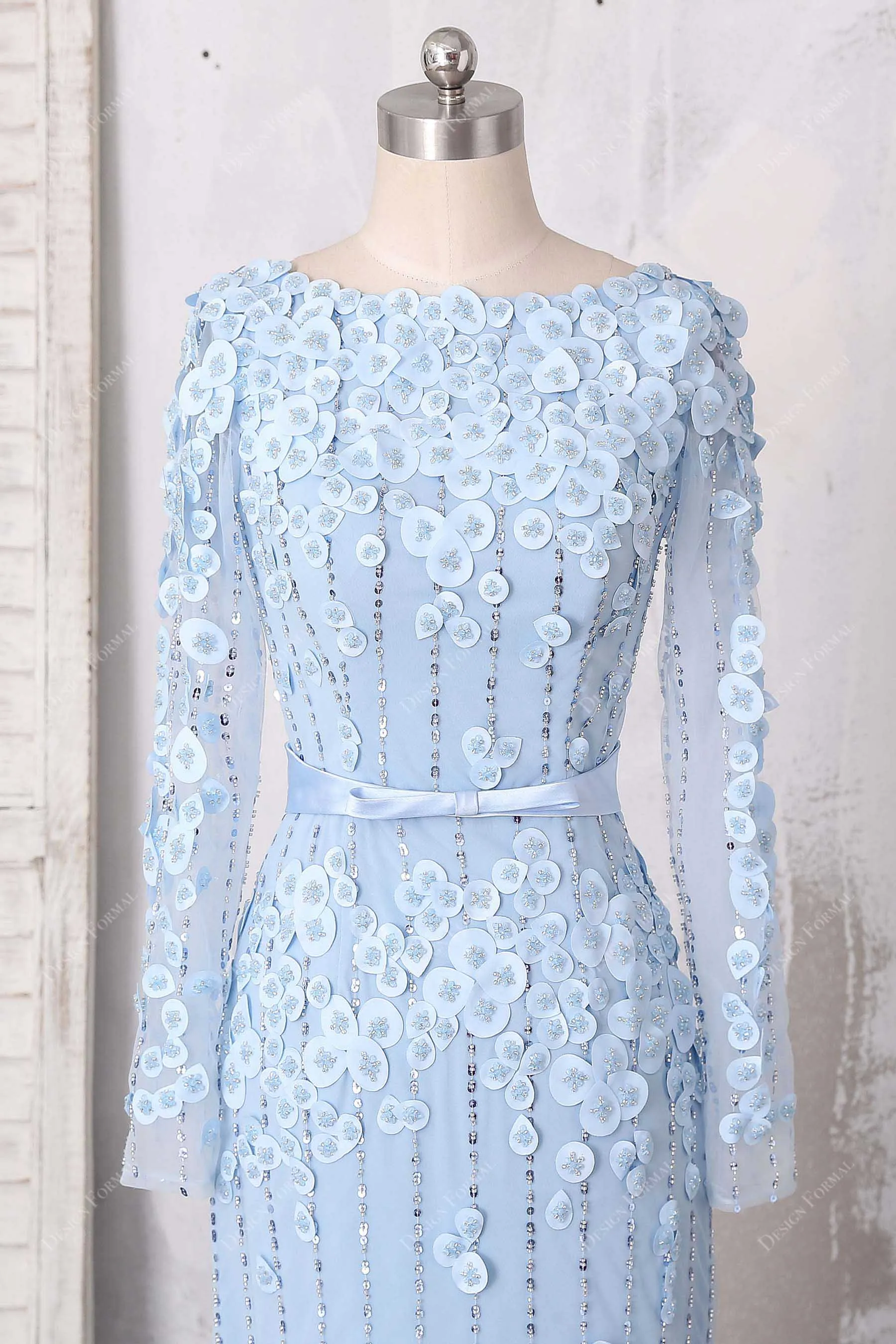 Fancy Sky Blue Beaded Petals Formal Wedding Dress