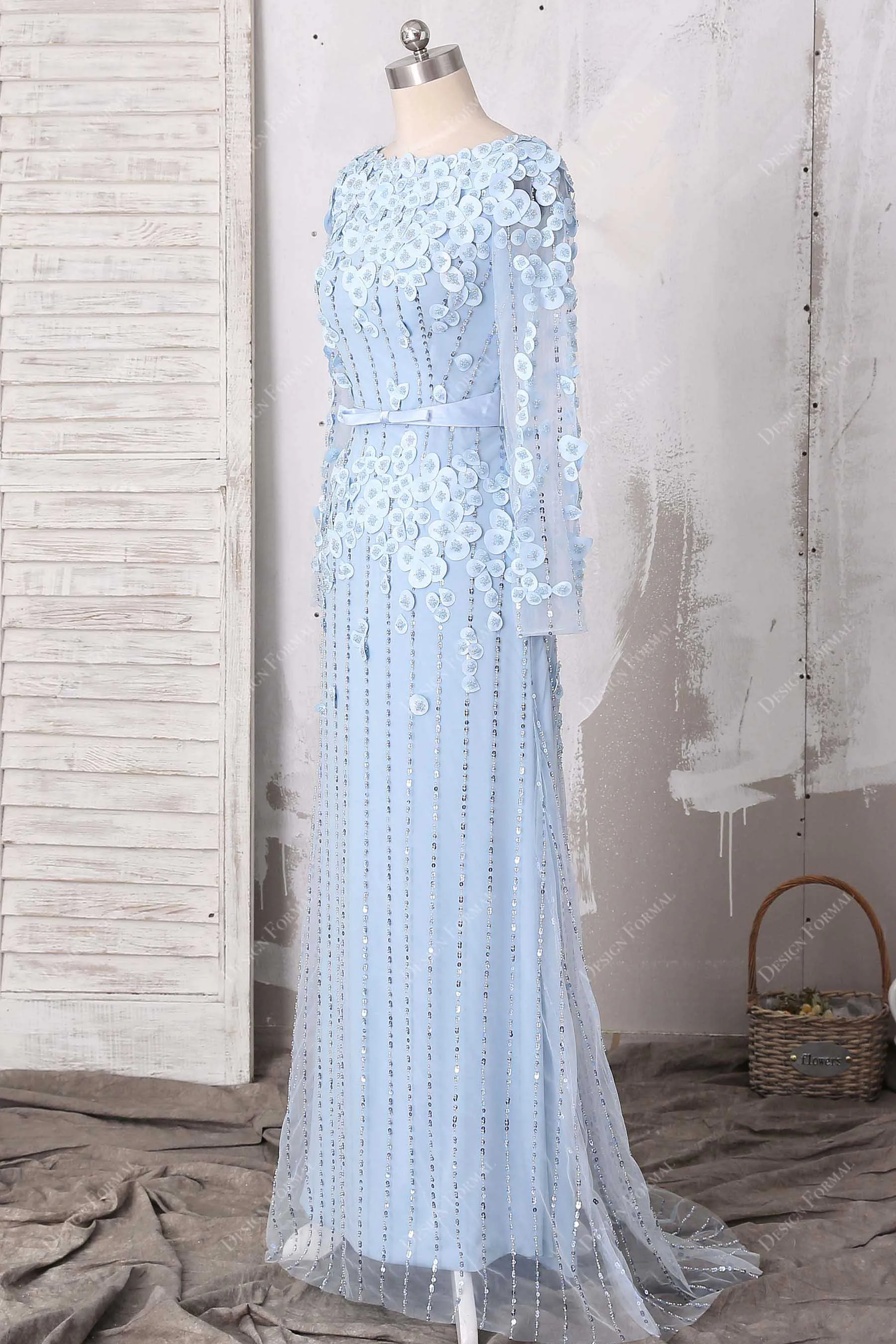 Fancy Sky Blue Beaded Petals Formal Wedding Dress