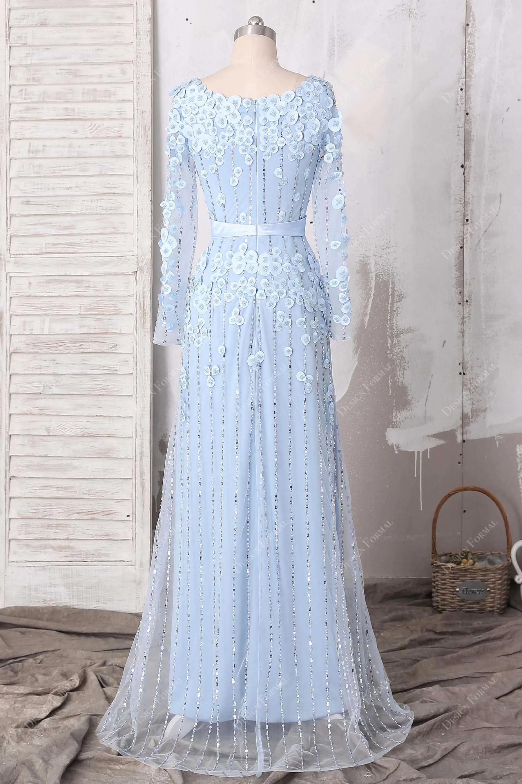 Fancy Sky Blue Beaded Petals Formal Wedding Dress