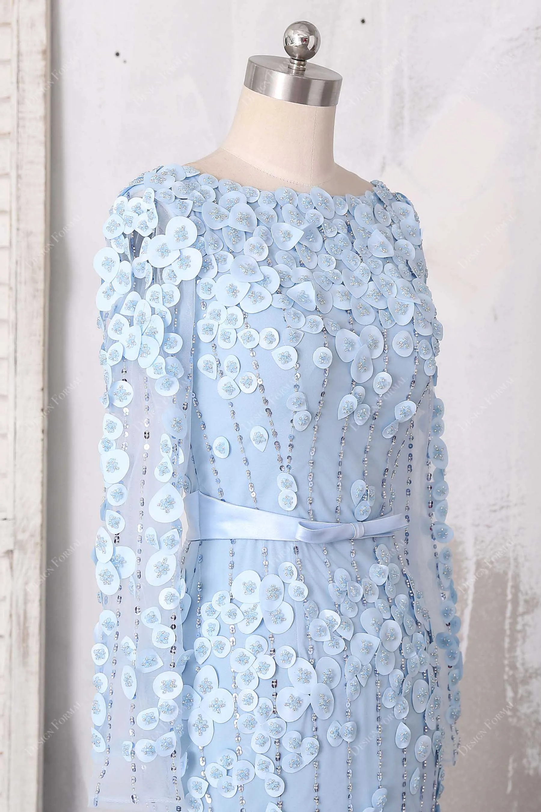 Fancy Sky Blue Beaded Petals Formal Wedding Dress