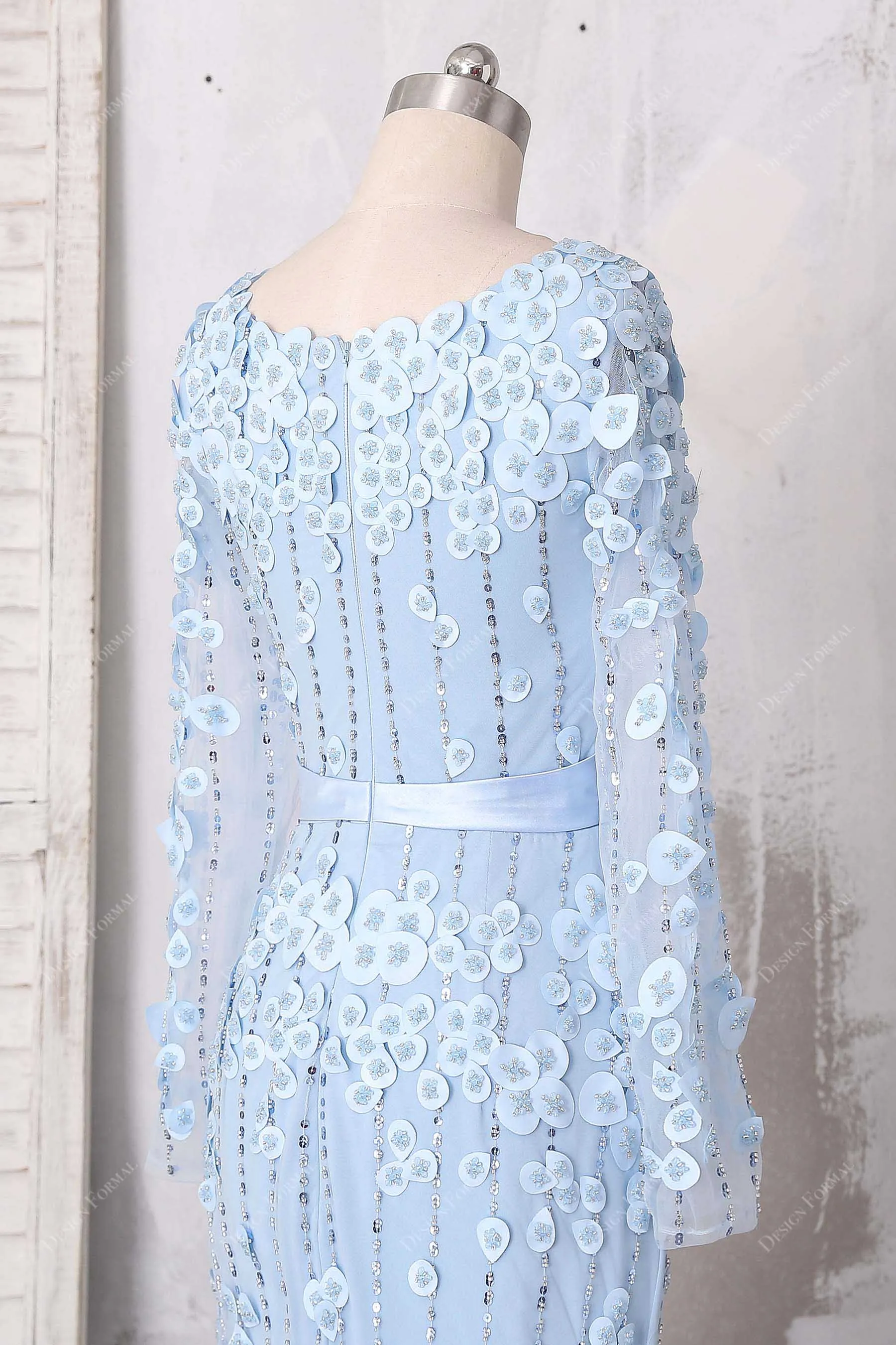 Fancy Sky Blue Beaded Petals Formal Wedding Dress