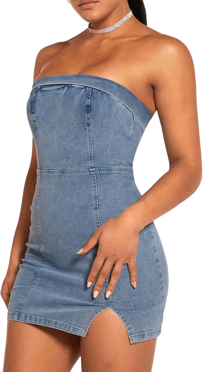 Floerns Women's Denim Off Shoulder Strapless Side Split Mini Bodycon Tube Dress