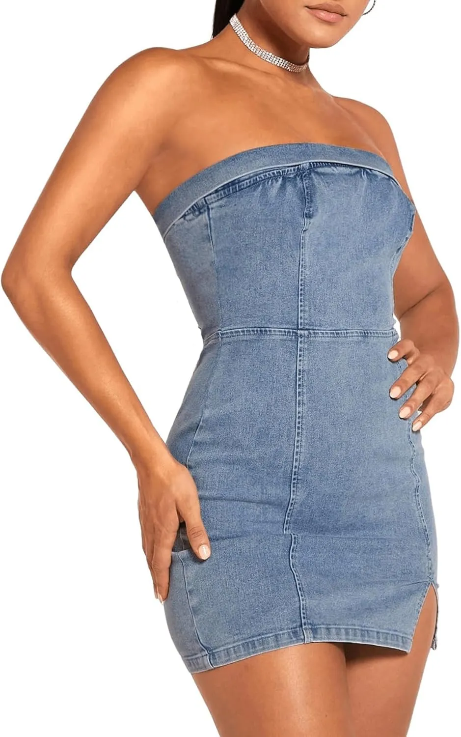 Floerns Women's Denim Off Shoulder Strapless Side Split Mini Bodycon Tube Dress