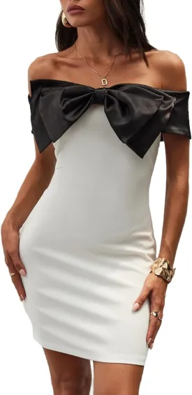 Floerns Women's Off Shoulder Short Sleeve Mini Dress Bow Front Bodycon Dresses