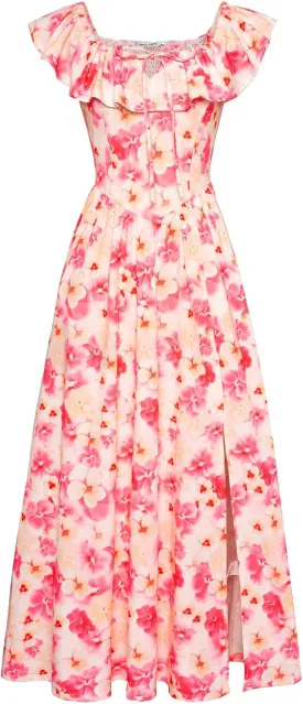 GRACE KARIN 2025 Womens Maxi Dresses Summer Off Shoulder Floral Dress Ruffle Split Beach Flowy Boho Wedding Guest Dress