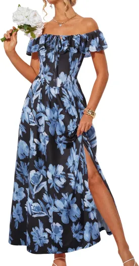 GRACE KARIN 2025 Womens Maxi Dresses Summer Off Shoulder Floral Dress Ruffle Split Beach Flowy Boho Wedding Guest Dress