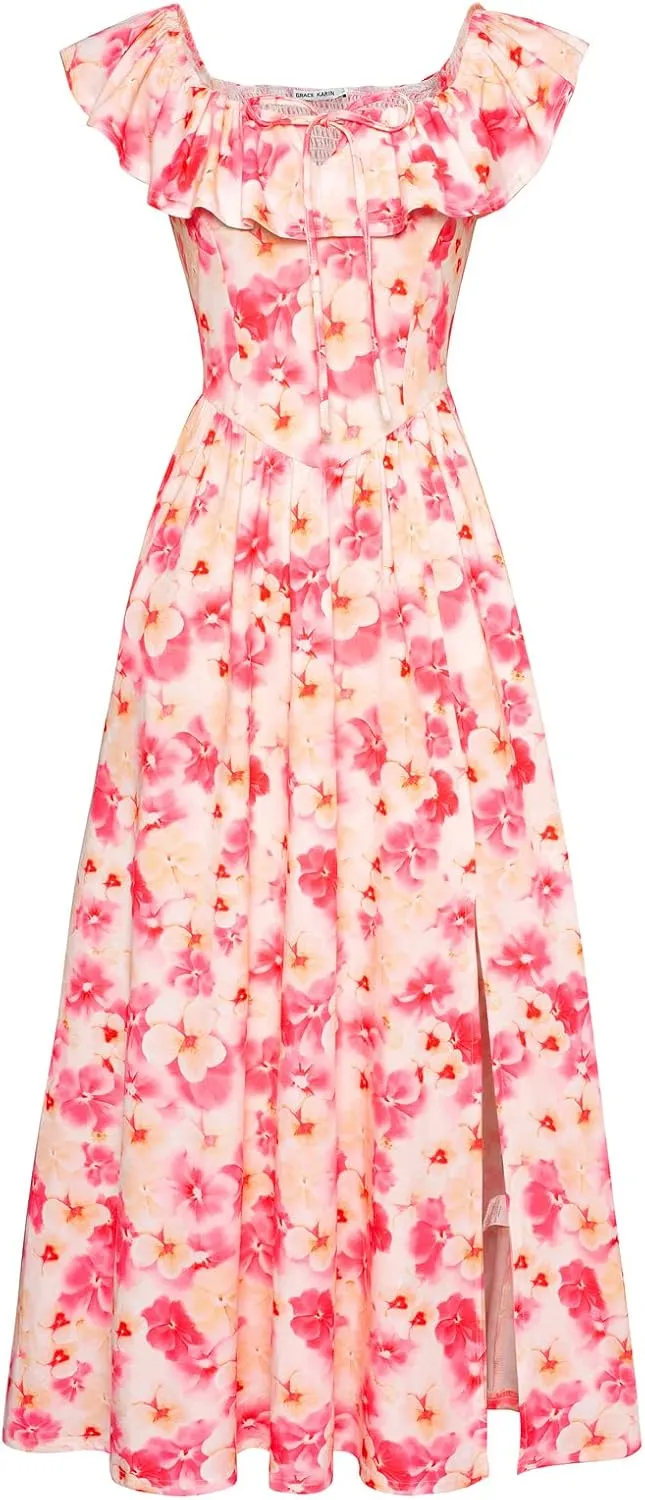 GRACE KARIN 2025 Womens Maxi Dresses Summer Off Shoulder Floral Dress Ruffle Split Beach Flowy Boho Wedding Guest Dress