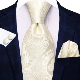 Hi-Tie Light Yellow Paisley Extra Long Tie Handkerchief Cufflinks Set