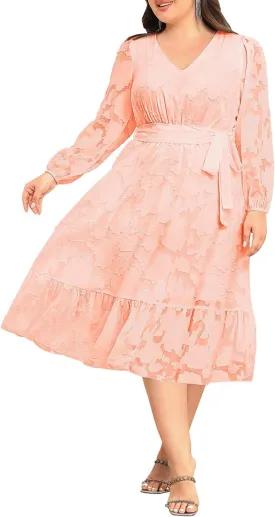 Holipick Women Semi Formal Dresses Plus Size Swiss Dot Long Sleeves Belted A-Line Midi Wedding Guest Spring Fall Dress