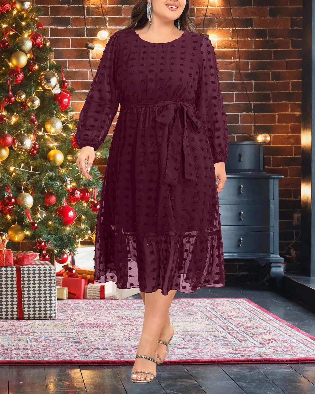 Holipick Women Semi Formal Dresses Plus Size Swiss Dot Long Sleeves Belted A-Line Midi Wedding Guest Spring Fall Dress