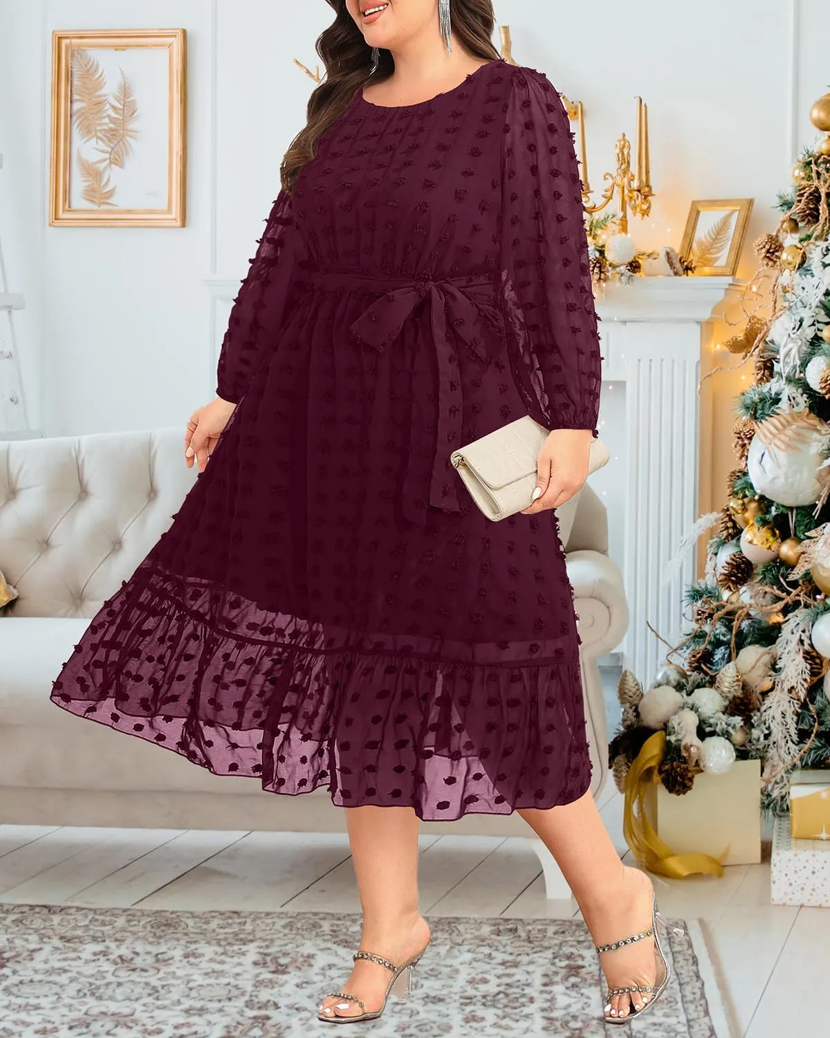 Holipick Women Semi Formal Dresses Plus Size Swiss Dot Long Sleeves Belted A-Line Midi Wedding Guest Spring Fall Dress