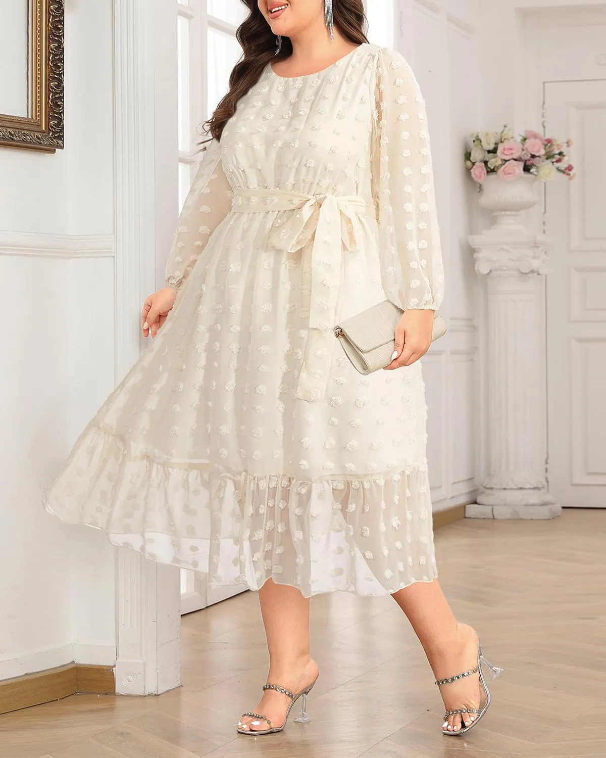 Holipick Women Semi Formal Dresses Plus Size Swiss Dot Long Sleeves Belted A-Line Midi Wedding Guest Spring Fall Dress